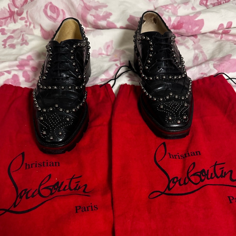 Christian Louboutin Black croc embossed leather and Silver Studded Oxfords - Picture 9 of 9